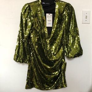 Zara Green Chartreuse Sequin Party Holiday Christmas Dress 9643 721 500